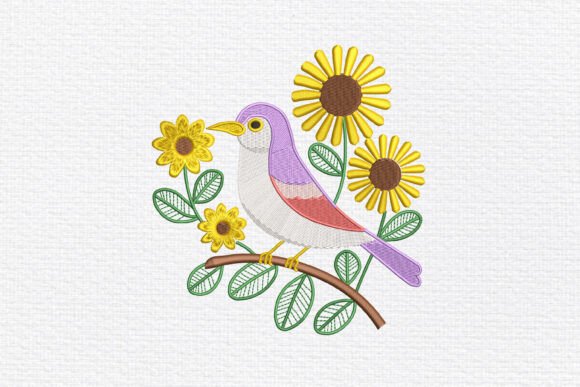 Pastel Bird Sunflowers Embroidery